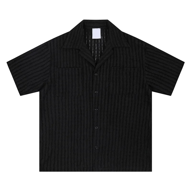 Hollow-out Pleated Cuban Collar Short-Sleeved