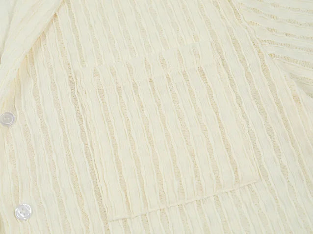 Hollow-out Pleated Cuban Collar Short-Sleeved