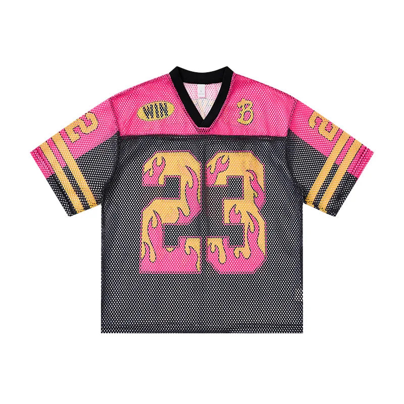Men's V-neck Digital Print Color-Blocked Patchwork Soccer Jersey T-Shirt Unique Streetwear Short-Sleeve  Tops