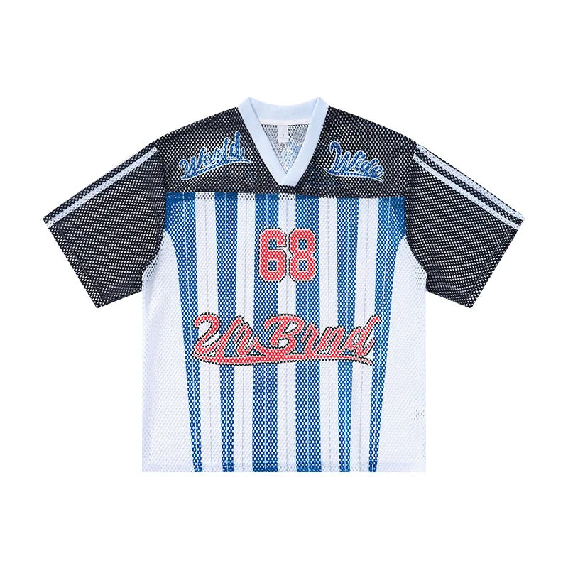 Men's V-neck Digital Print Color-Blocked Patchwork Soccer Jersey T-Shirt Unique Streetwear Short-Sleeve  Tops