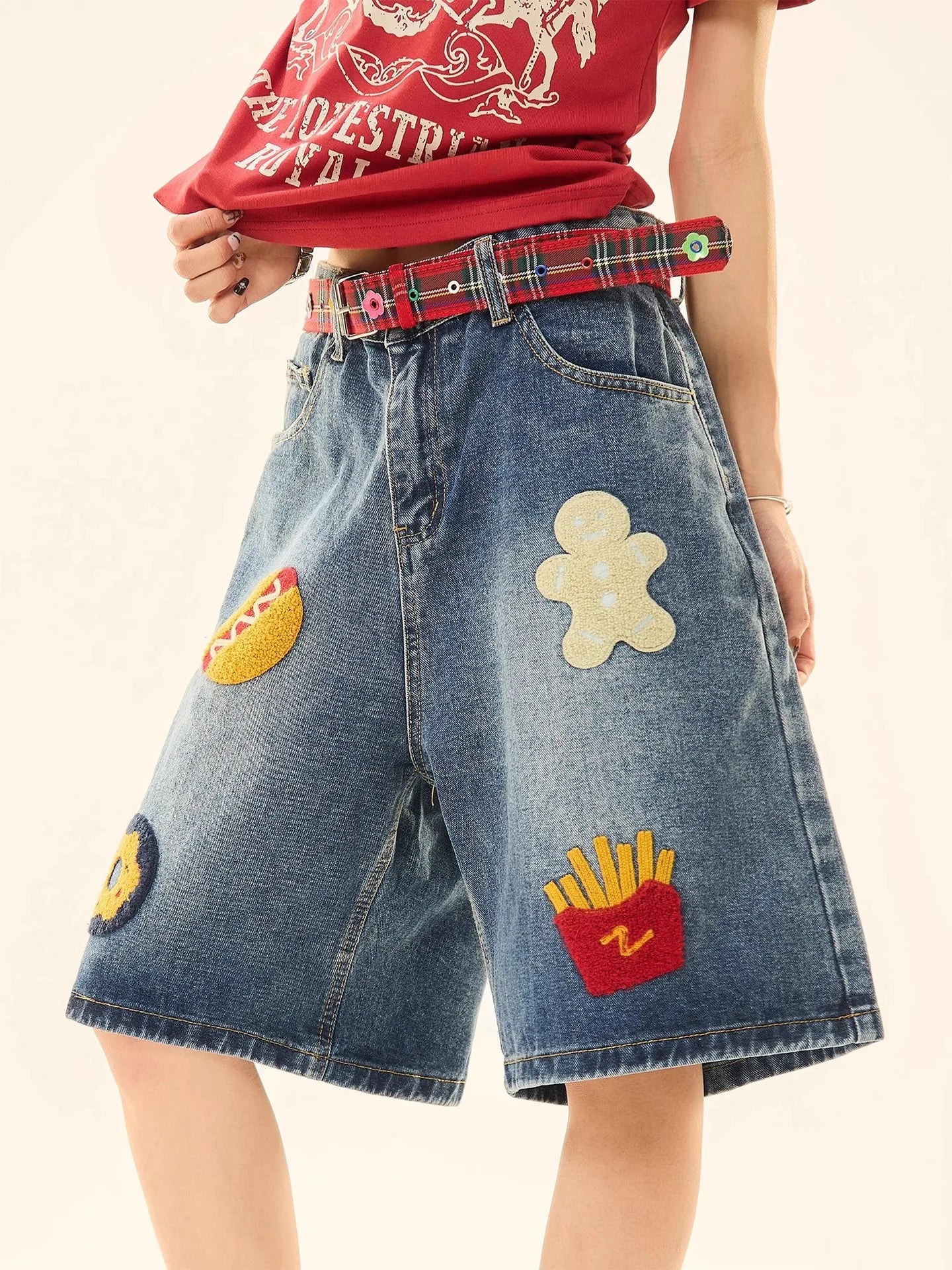 High Quality Baggy Jeans Shorts Patch Embroidery Jorts