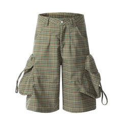 Summer Loose Green Plaid Large Pockets Cargo Shorts