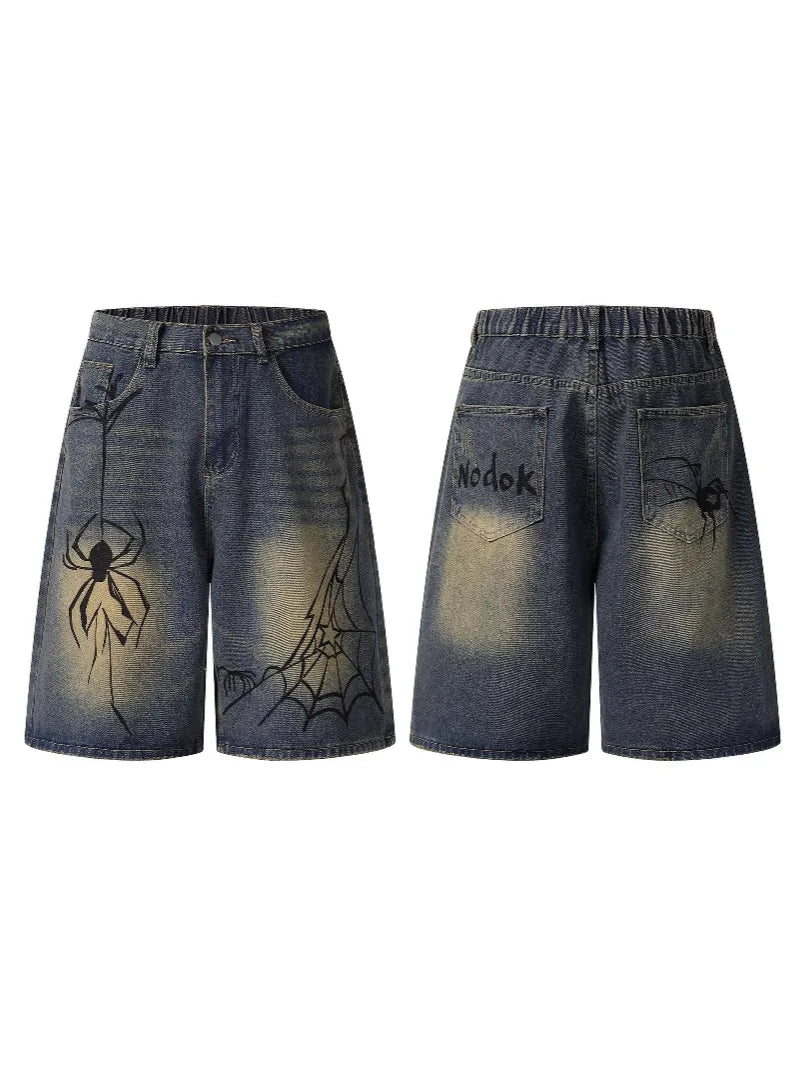 Printed Logo Loose Wide Leg Knee Denim Shorts