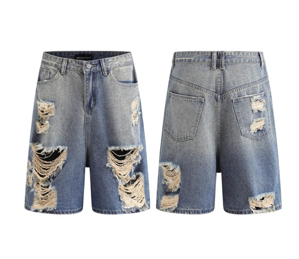 Distressed Wide-leg Denim Shorts