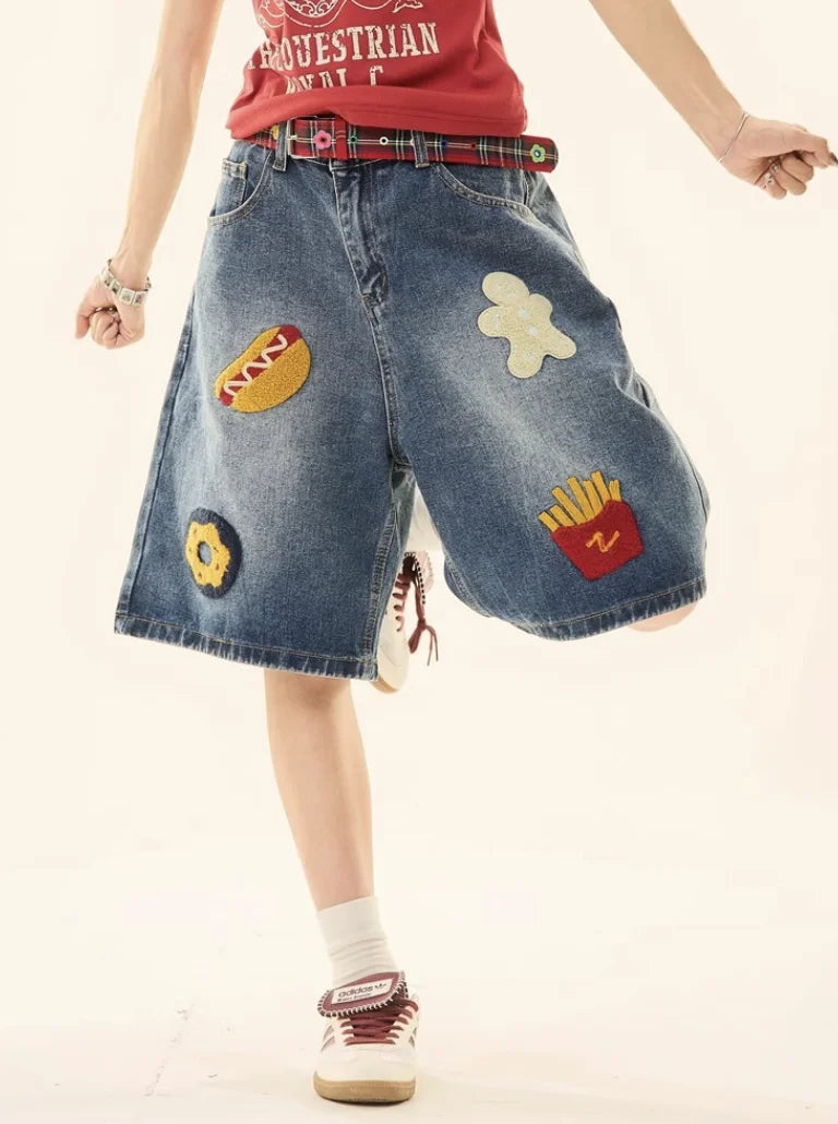 High Quality Baggy Jeans Shorts Patch Embroidery Jorts
