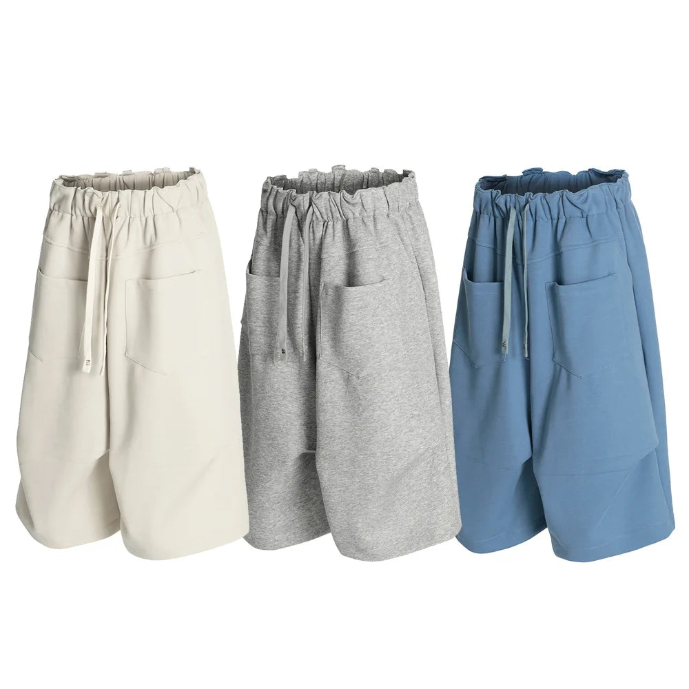 Solid Color Elastic Waist Loose Shorts