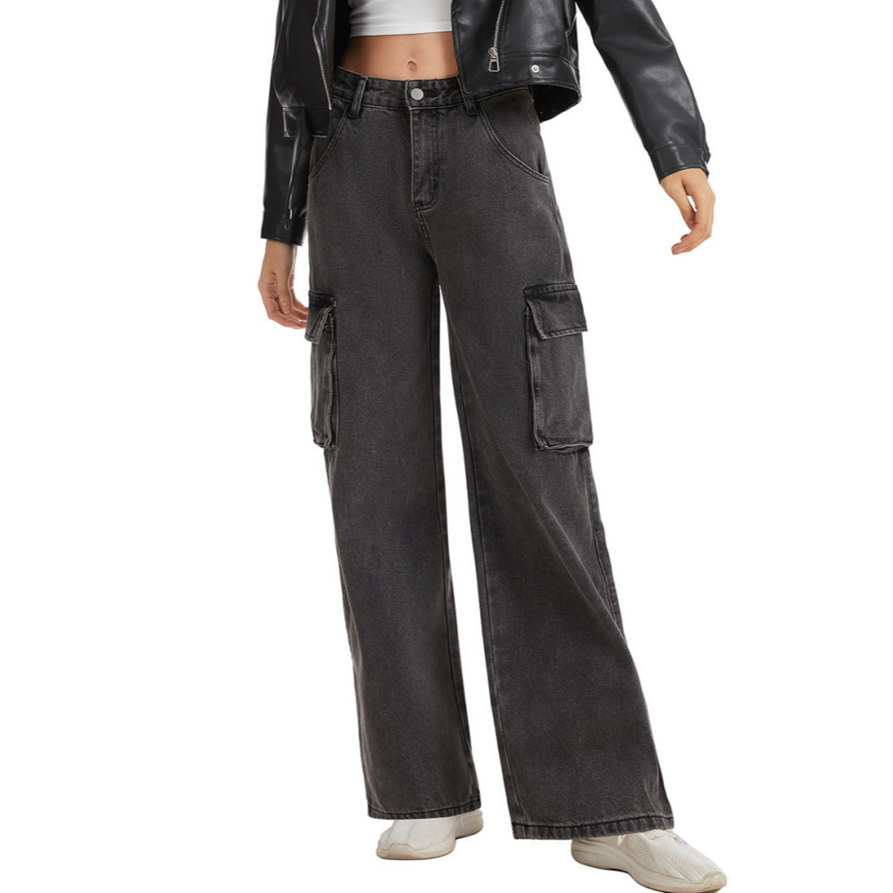 Women's Straight Leg Cargo Jeans-(Black)