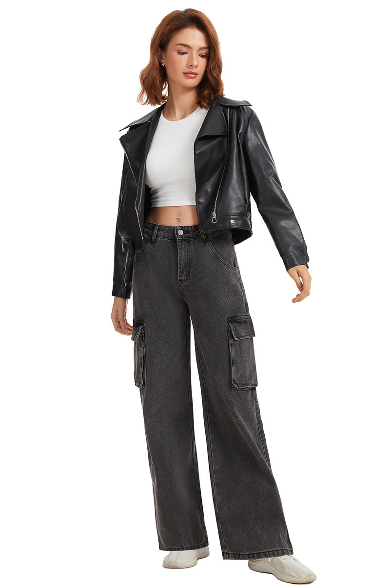 Women's Straight Leg Cargo Jeans-(Black)