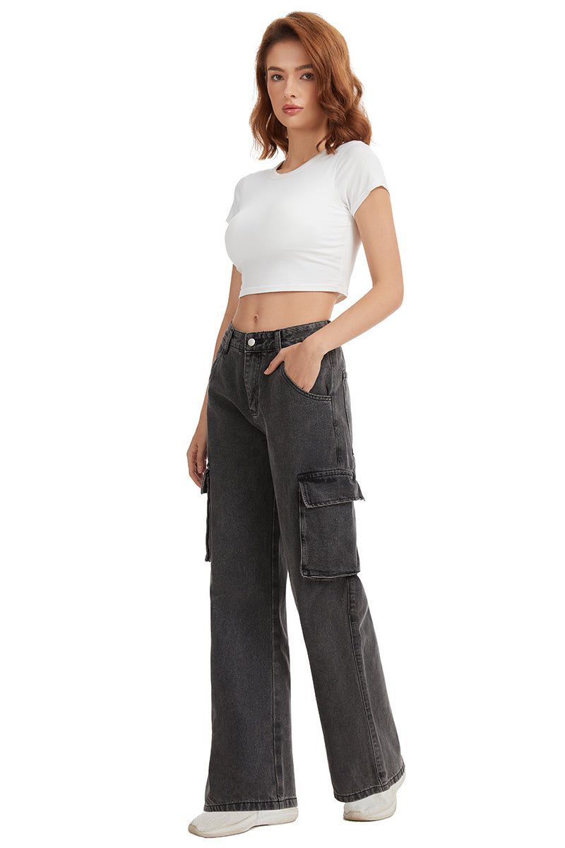 Women's Straight Leg Cargo Jeans-(Black)