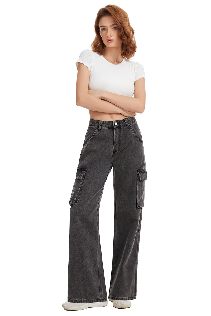 Women's Straight Leg Cargo Jeans-(Black)