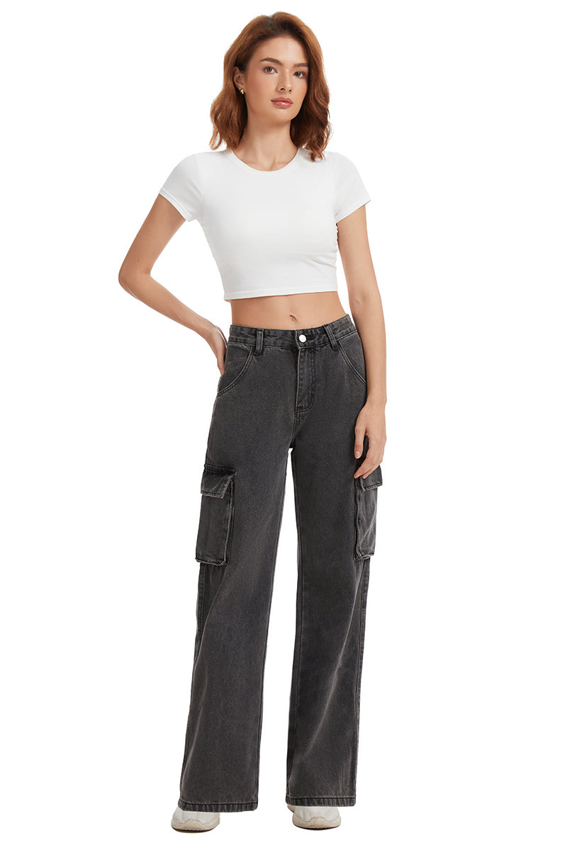 Women's Straight Leg Cargo Jeans-(Black)