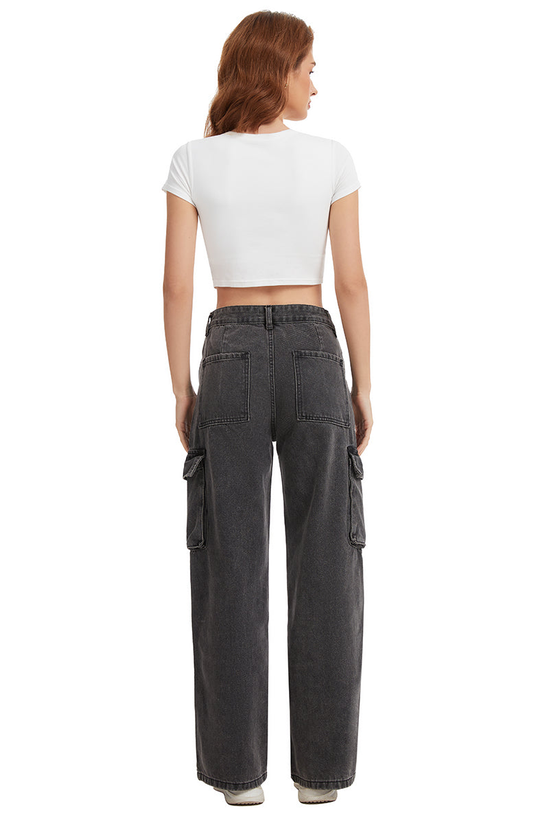 Women's Straight Leg Cargo Jeans-(Black)