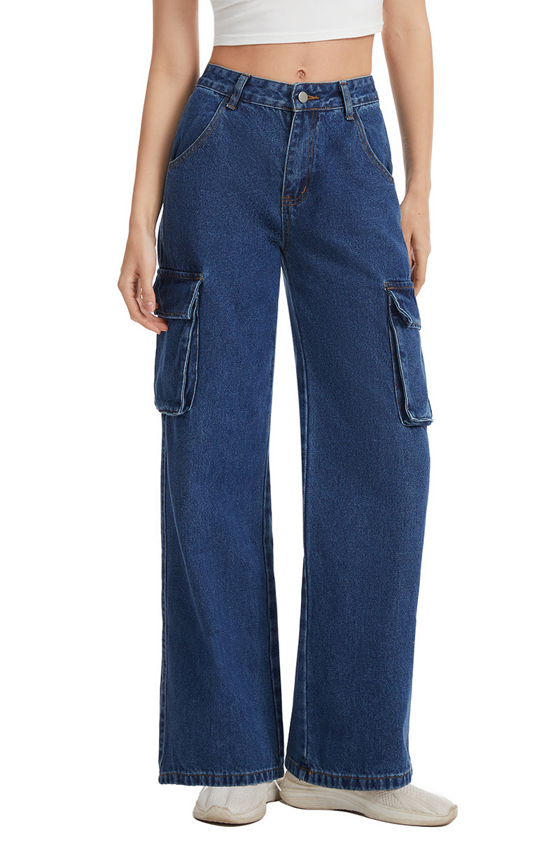 Women's Straight Leg Cargo Jeans-(Blue)