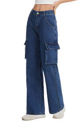 Women's Straight Leg Cargo Jeans-(Blue)