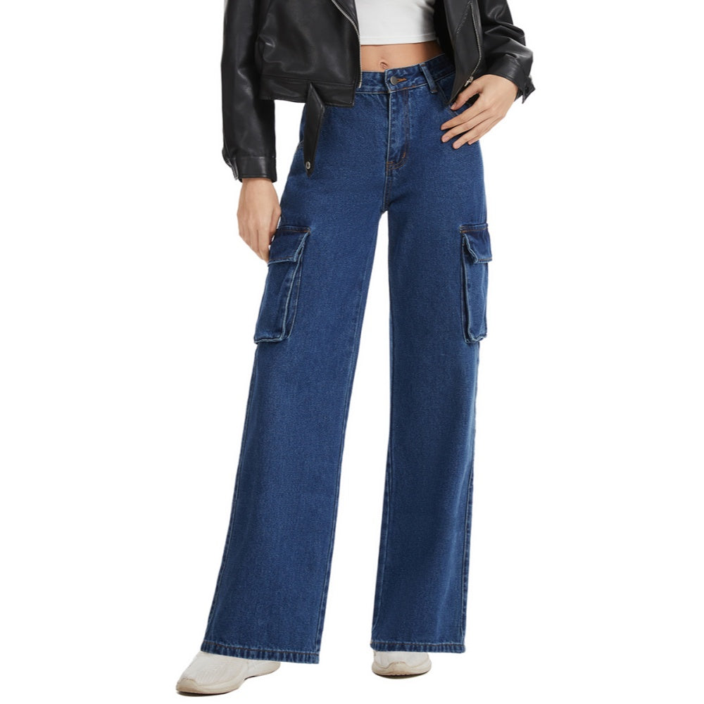Women's Straight Leg Cargo Jeans-(Blue)