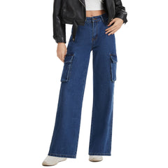 Women's Straight Leg Cargo Jeans-(Blue)