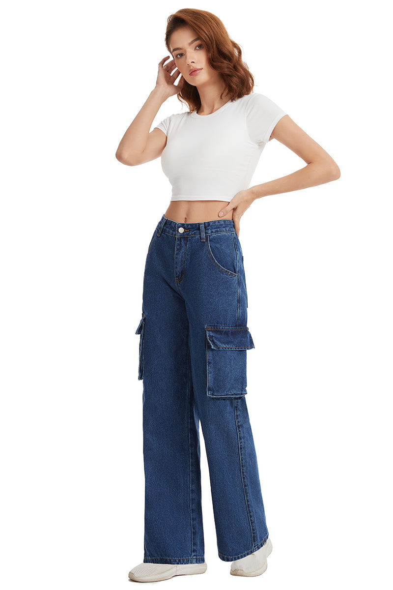 Women's Straight Leg Cargo Jeans-(Blue)