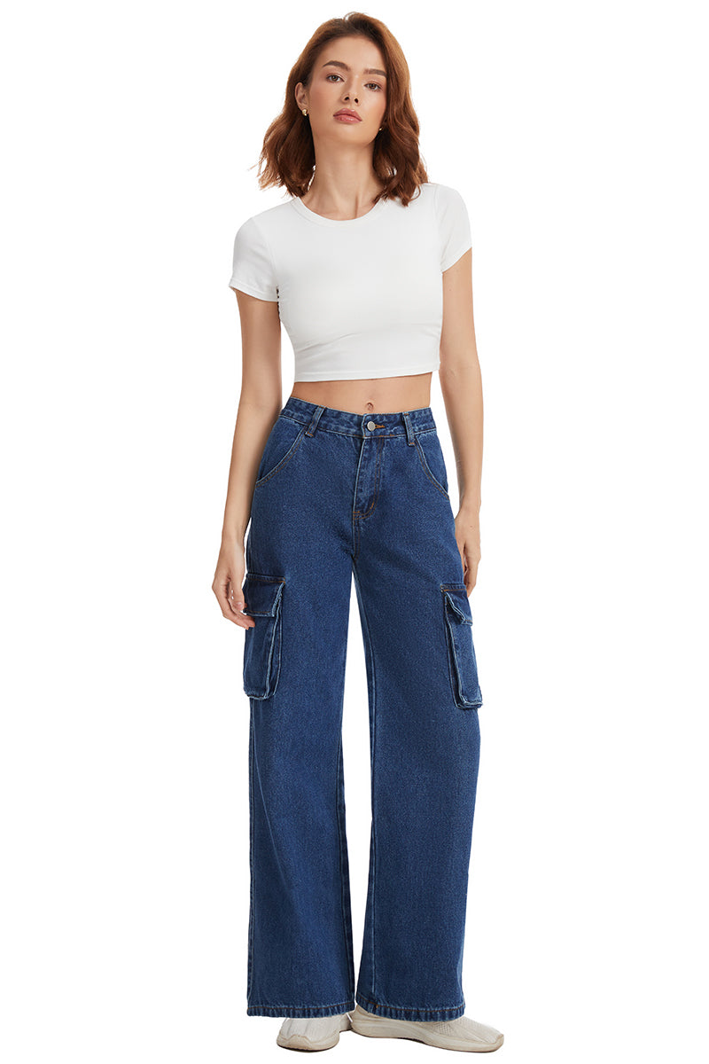 Women's Straight Leg Cargo Jeans-(Blue)