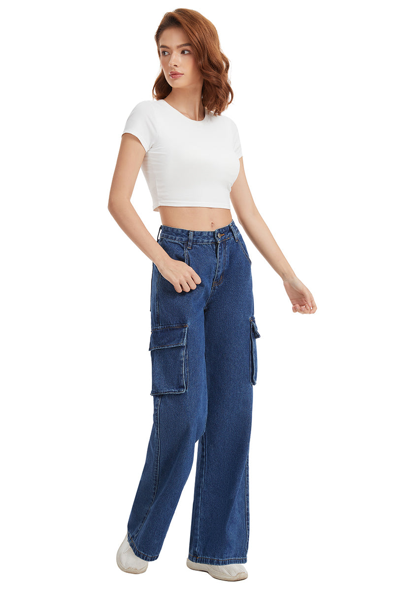 Women's Straight Leg Cargo Jeans-(Blue)