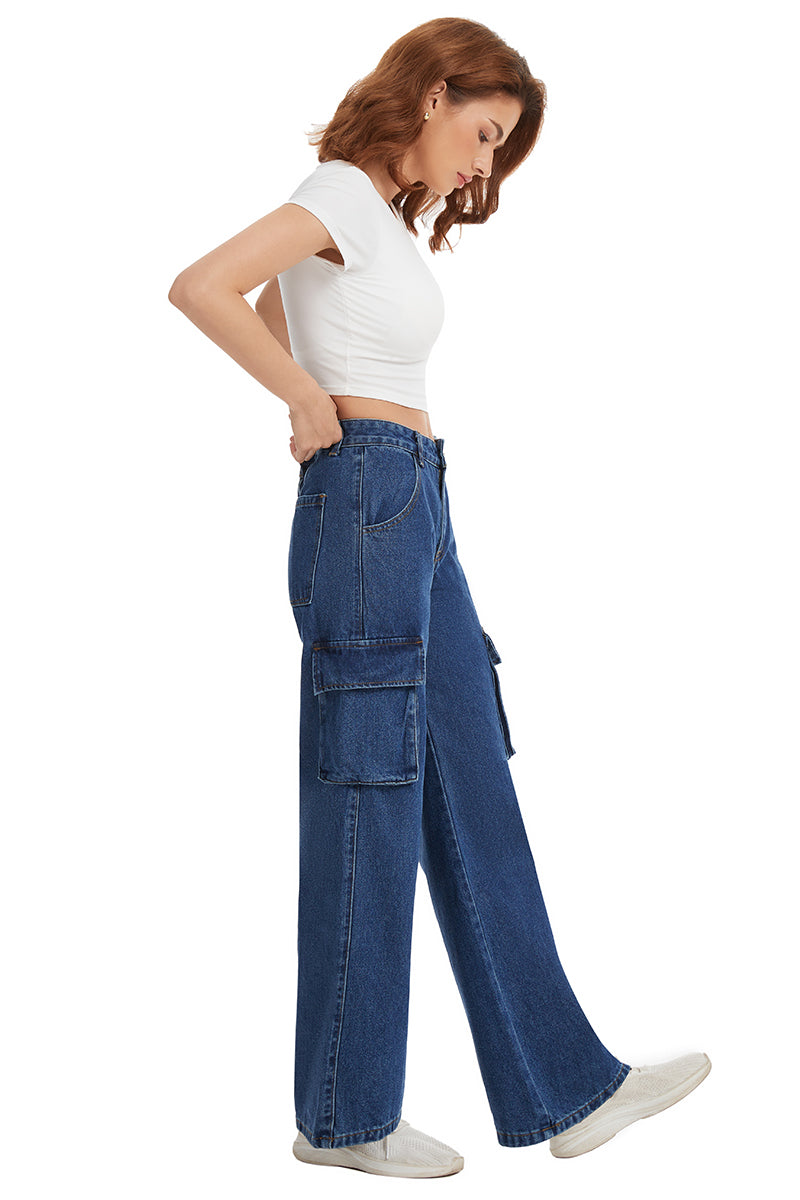 Women's Straight Leg Cargo Jeans-(Blue)