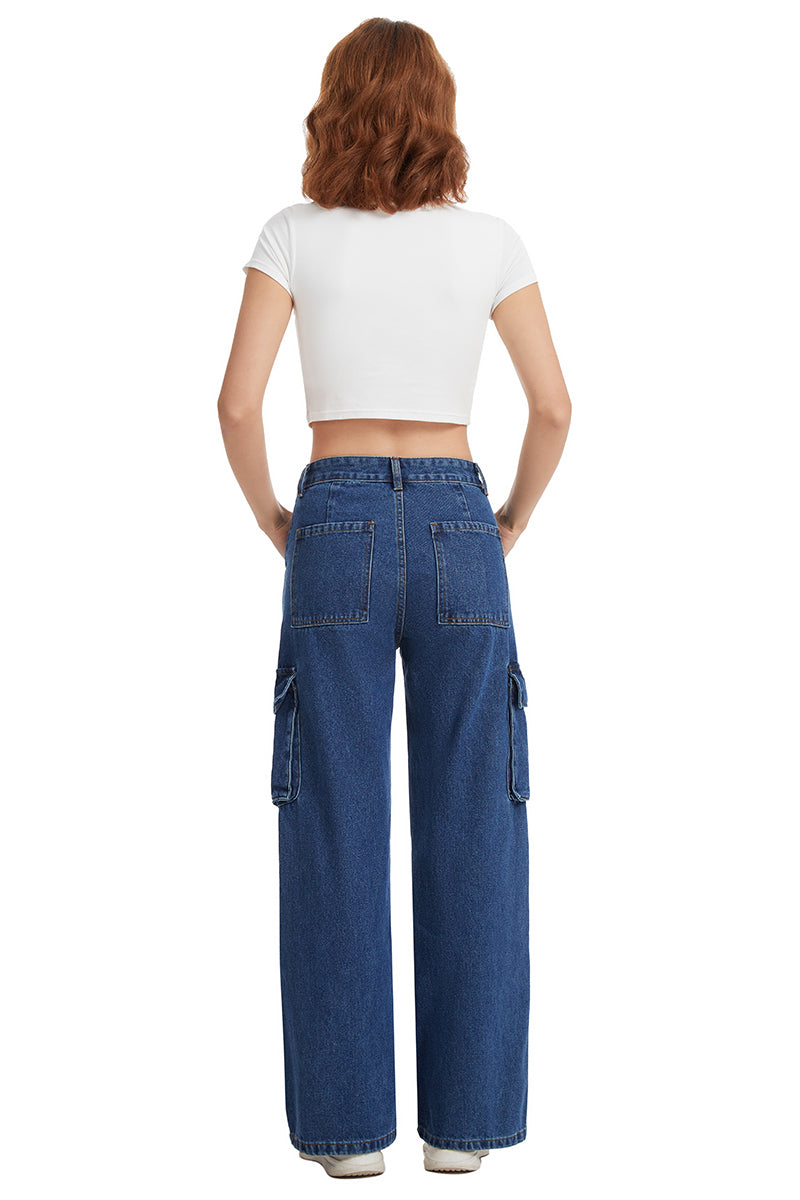 Women's Straight Leg Cargo Jeans-(Blue)