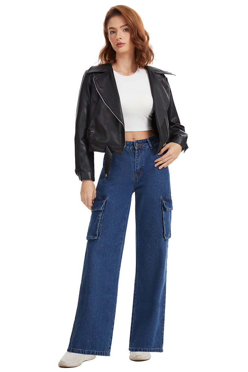 Women's Straight Leg Cargo Jeans-(Blue)