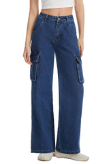 Women's Straight Leg Cargo Jeans-(Blue)