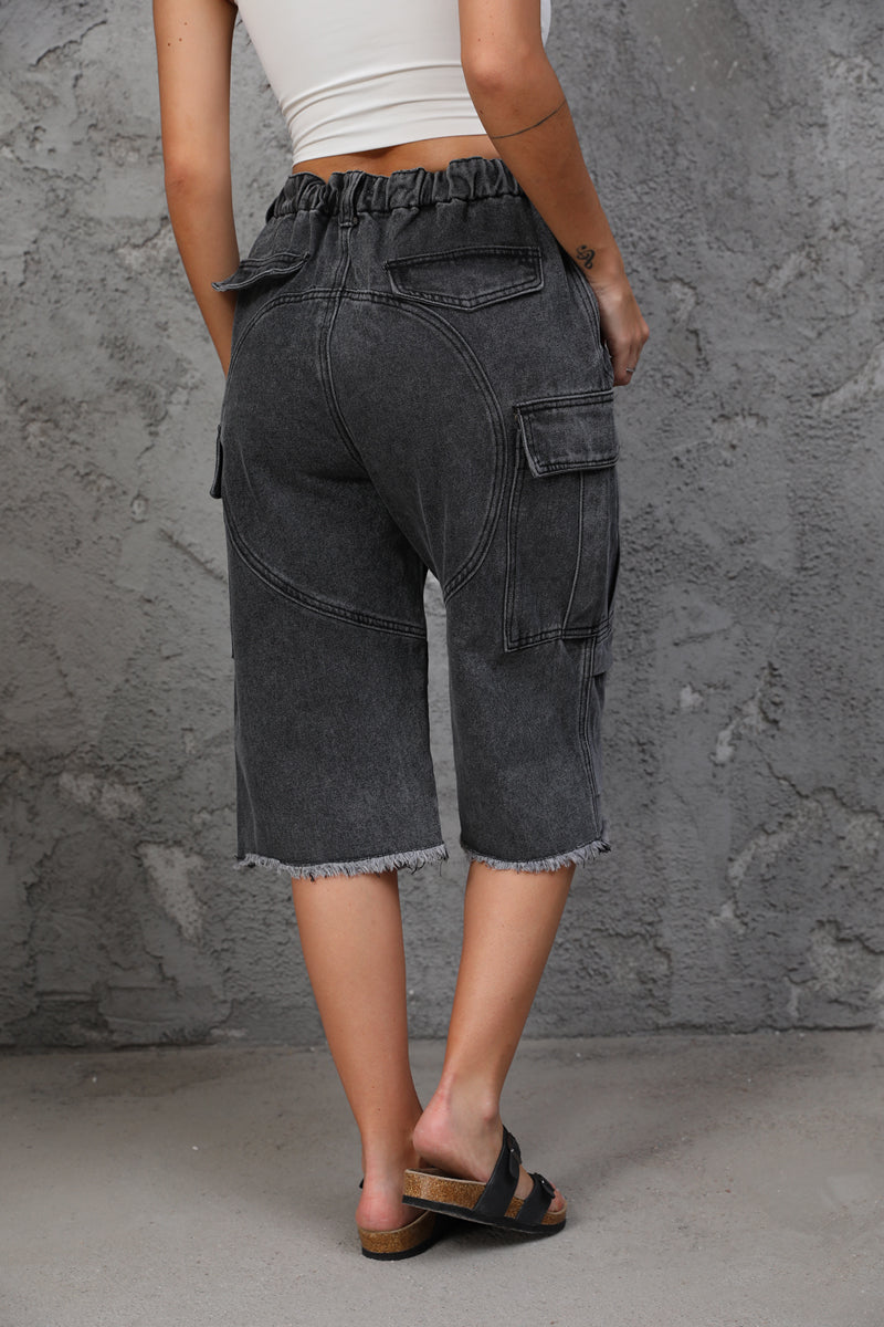Women's High Waist Capri Jeans-(Black)