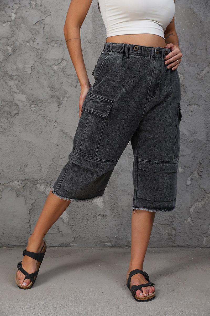 Women's High Waist Capri Jeans-(Black)