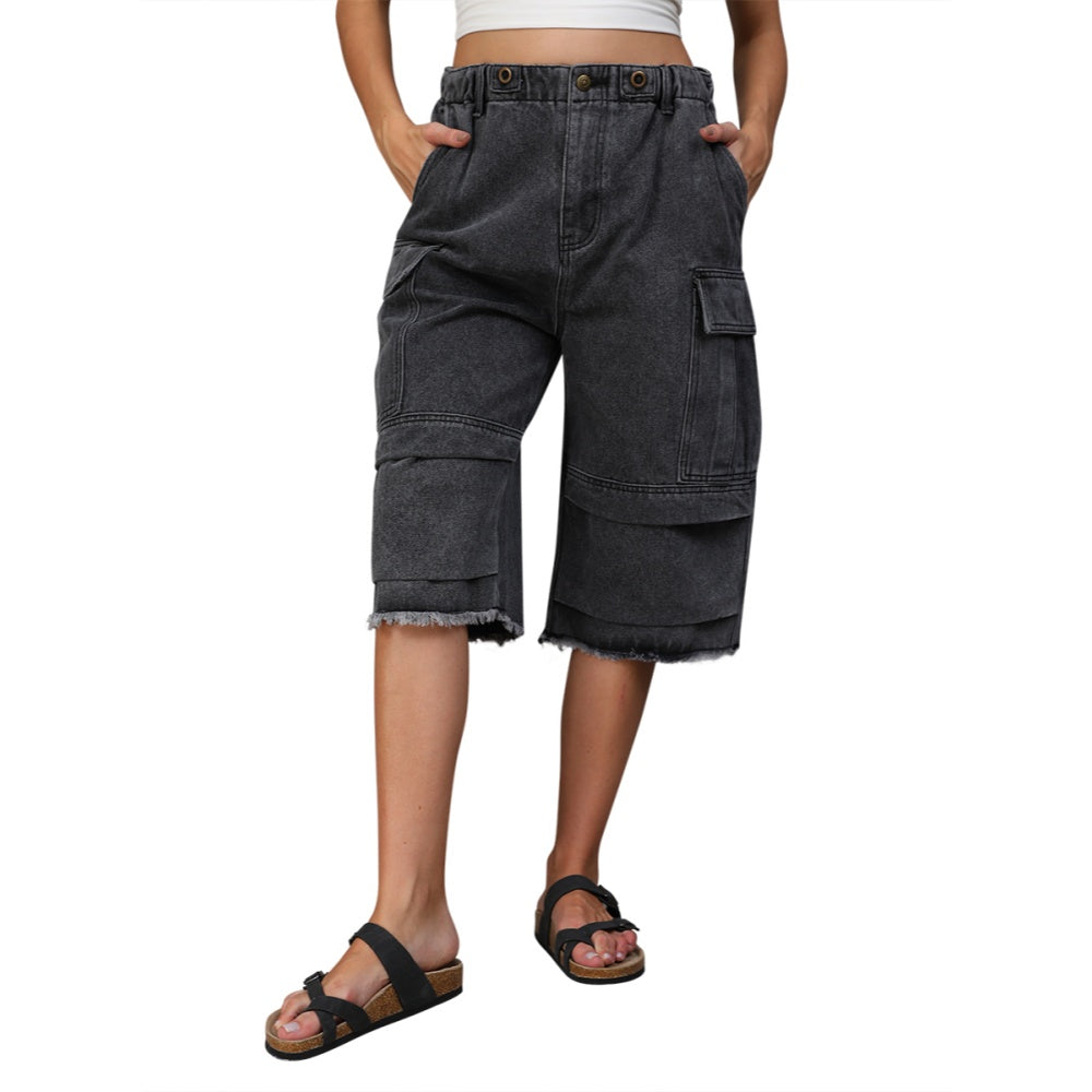 Women's High Waist Capri Jeans-(Black)