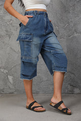 Women's High Waist Capri Jeans-(Blue)
