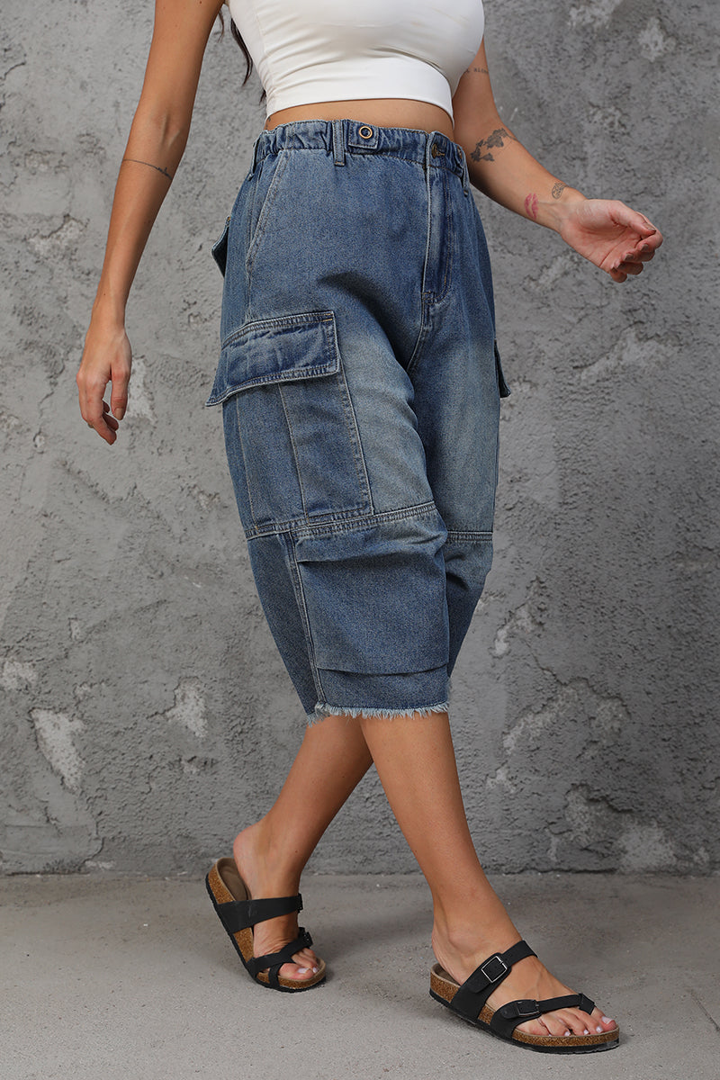Women's High Waist Capri Jeans-(Blue)