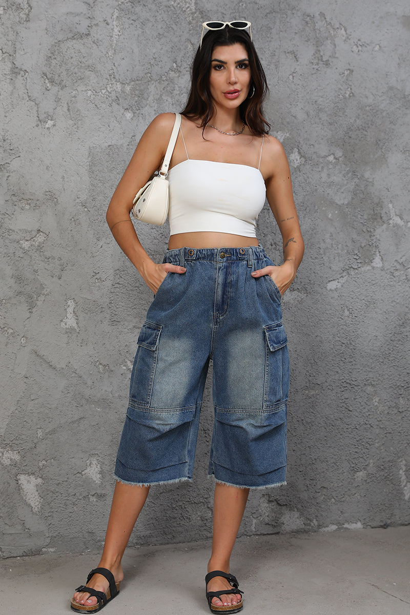 Women's High Waist Capri Jeans-(Blue)