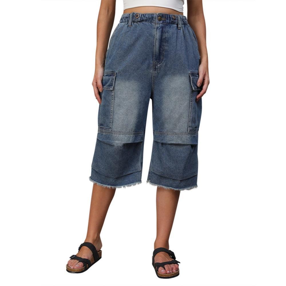Women's High Waist Capri Jeans-(Blue)
